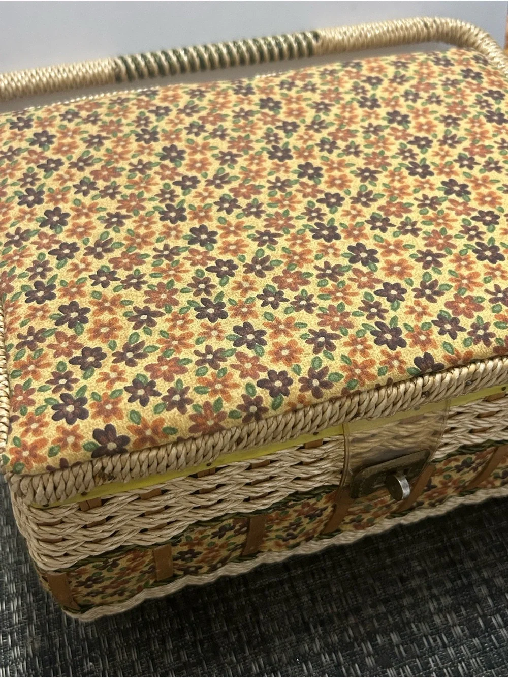Vintage Japan Wicker Sewing Basket Yellow Floral Cat Mouse Button Embellishments